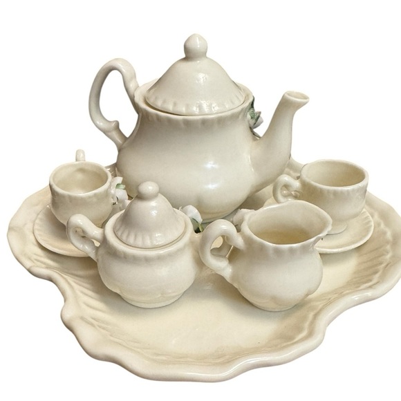 VINTAGE MAGNOLIA child’s tea set miniature collectible Grn Cream 10 piece EUC - Picture 7 of 15